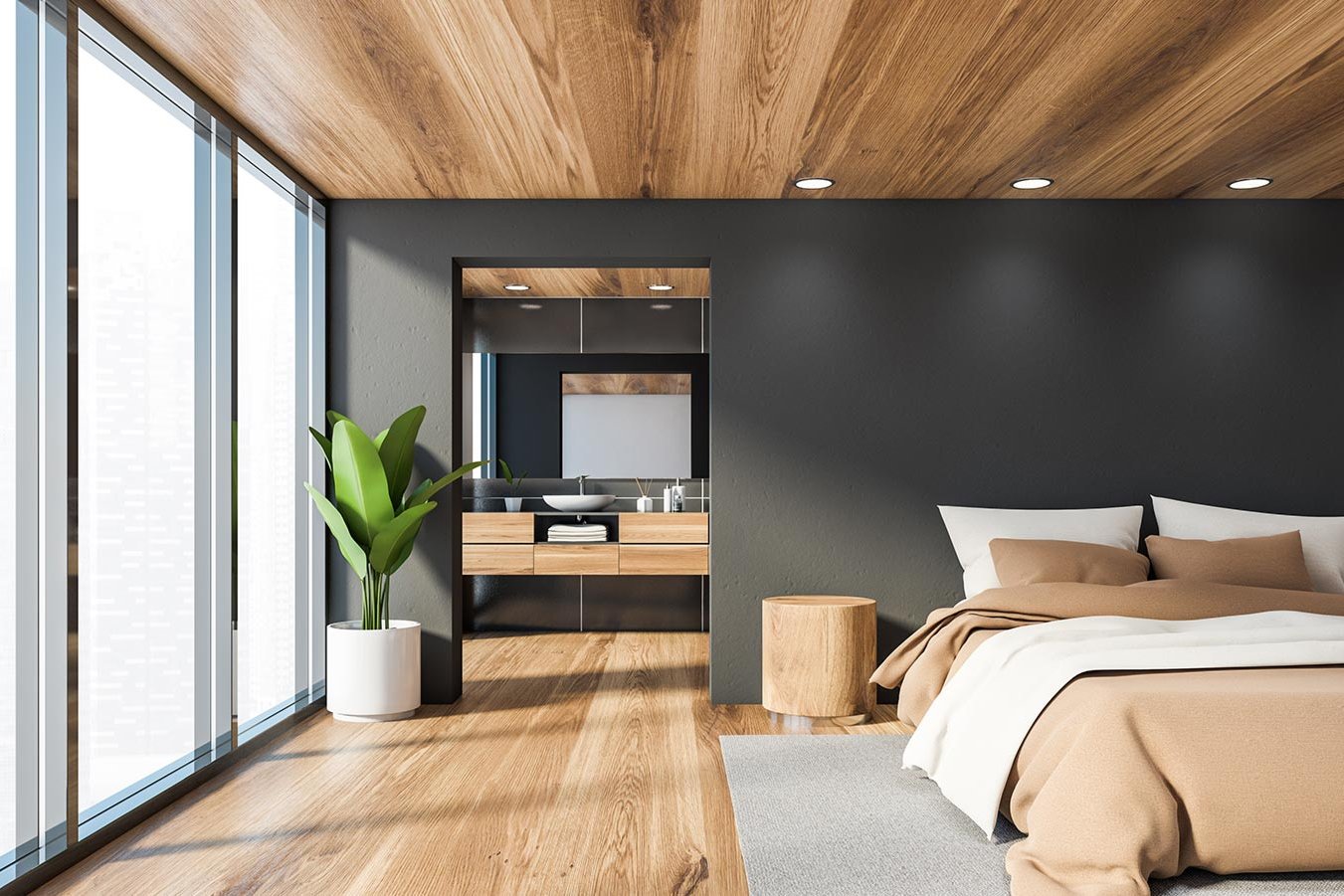 modernes Schlafzimmer mit Holzboden und Holzdecke
