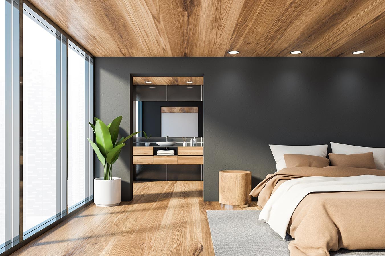 modernes Schlafzimmer mit Holzboden und Holzdecke